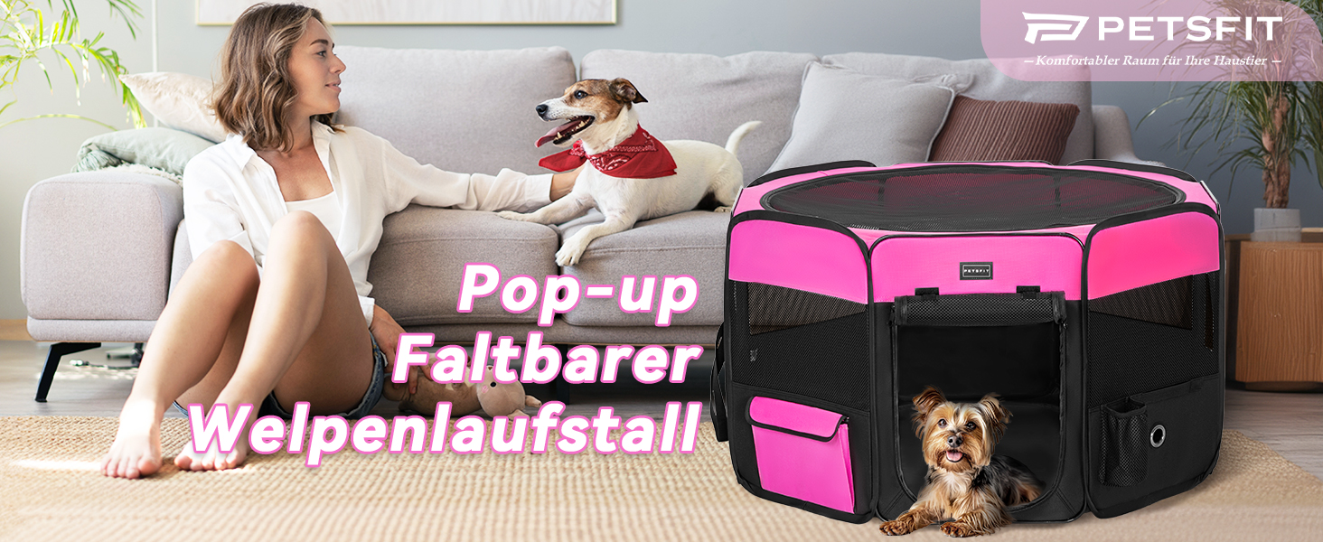 Вольєр для цуценят та дрібних тварин PETSFIT: розкладний, з водонепроникним дном, сірий/зелений (M, Рожево-чорний)