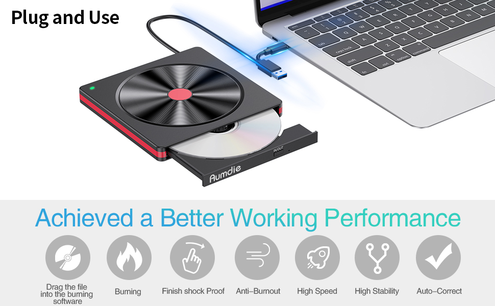 Зовнішній DVD-накопичувач та CD-привід USB 3.0 / USB-C, зовнішній DVD-записувач для ноутбука, ПК, Mac, Windows 11/10/8.1/7, Linux, чорний