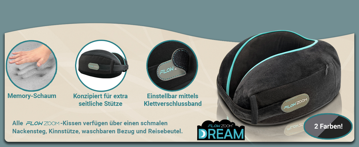 Подушка для шиї FlowZoom Dream Pro з додатковою бічною підтримкою та регульованим липучкою кріпленням - подушка для подорожей в літак з піною з пам'яті - з чохлом та подарунковою упаковкою - Сірий