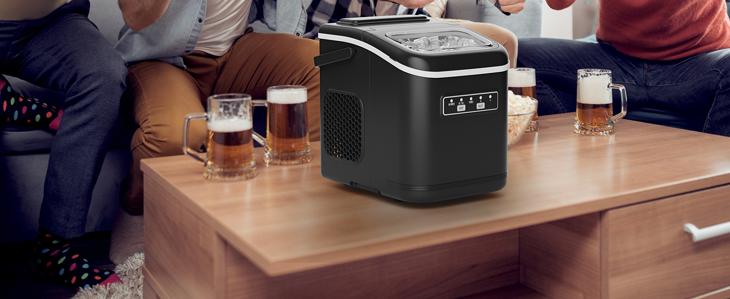 Машина для приготування льоду, 12 кг/24 год, чорна. Виробляє 9 кубиків за 6 хвилин, 2 розміри кубиків, самоочищення, з лопаткою та кошиком. Підходить для дому, офісу, бару, вечірки.