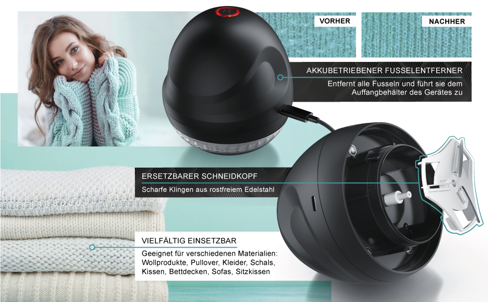 Електричний видальник ворсу MyBeo - бездротовий прилад для одягу з 2 змінними лезами та USB-кабелем для зарядки