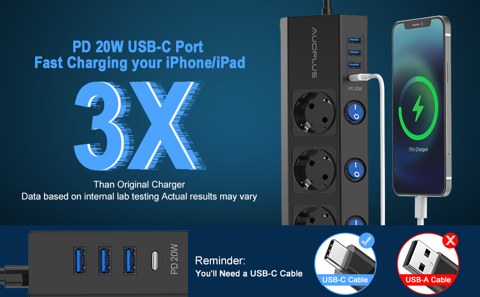 Многофункціональна мережева планка з USB-C (PD 20W) та USB, 5 розеток, захист від перенапруги, 2м кабель, чорний