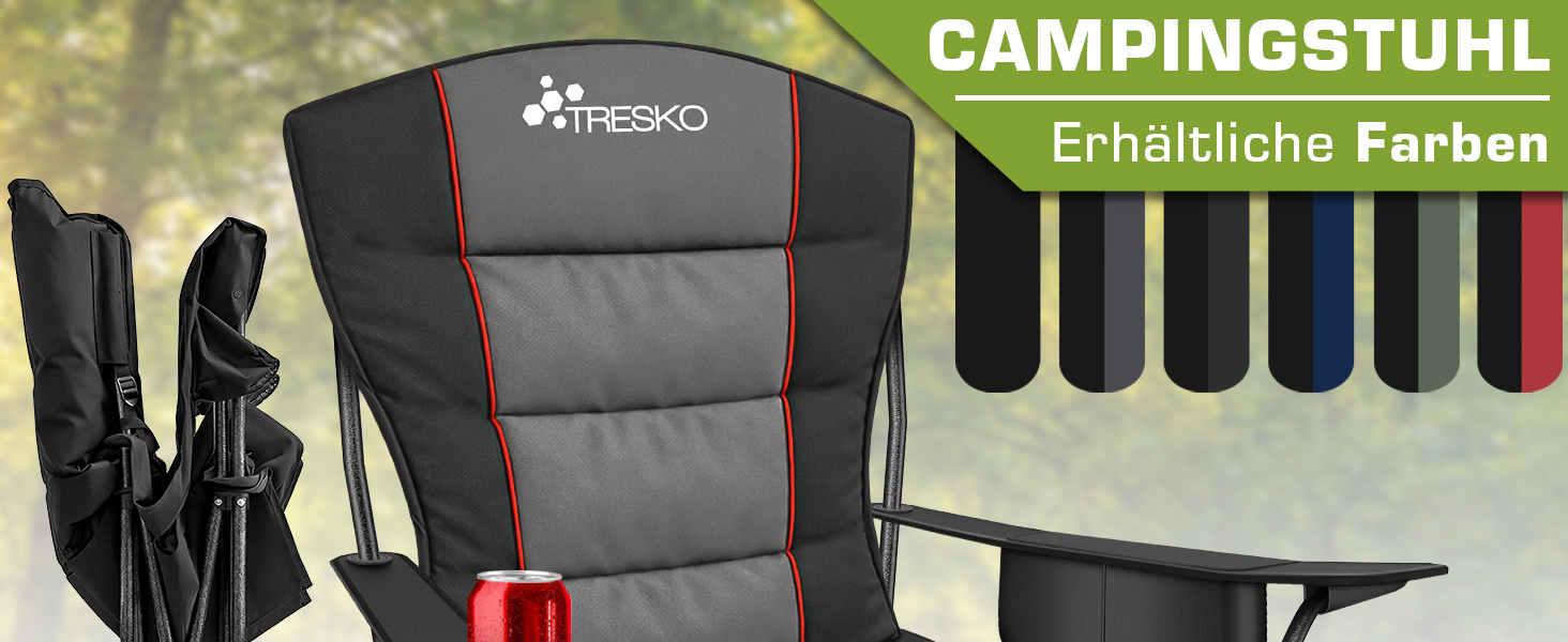 Кампанінг стілець TRESKO® складний до 200 кг з охолоджуючою сумкою, підсклянником та бічними кишенями | Складний стілець XXL з сумкою для перенесення | Поліщений стілець для риболовлі, кемпінгу, фестивалів та саду, сірий