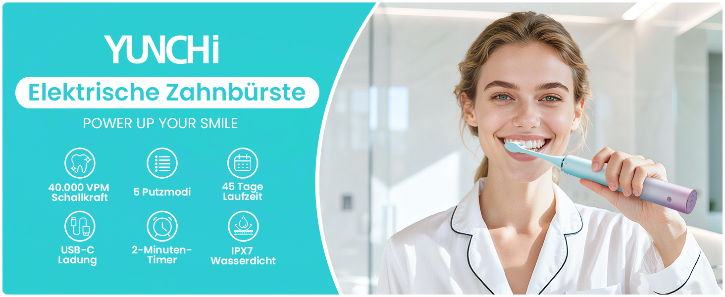 Електрична зубна щітка YUNCHI C2 з 40000 вібрацій на хвилину, звукова щітка для дорослих, зарядка USB-C, акумулятор до 55 днів, 5 режимів чищення, таймер 2 хвилини, 8 насадок, дорожній футляр, чорний (Ycdz-y7)