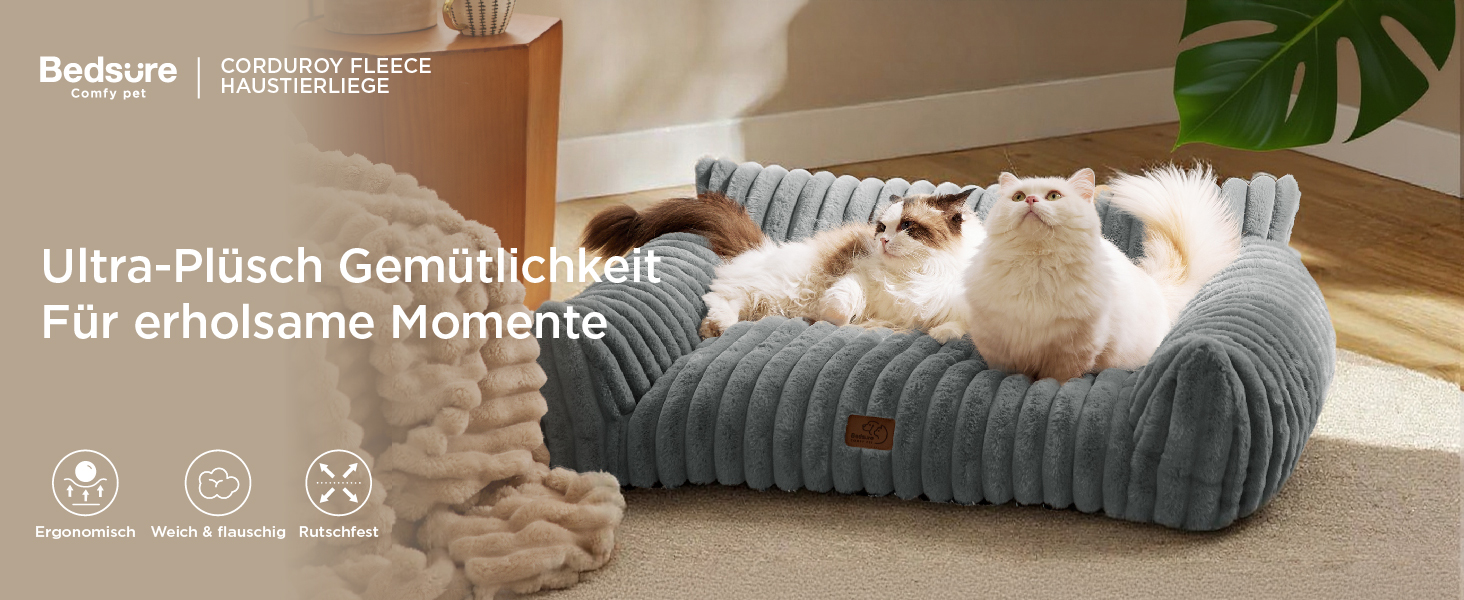 Ортопедичне ліжко для котів BEDSURE великого розміру 61x46x25 см - зручне диван-ліжко для собак та котів, м'яке, з антиковзким покриттям, Kamel