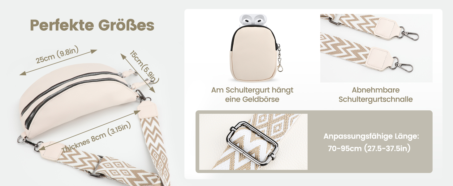 Жіноча сумка через плече FerLord з широким ременем, поясна сумка (бананка) з 3 відділеннями, стильна сумка-мішечок з PU шкіри, бежевий колір