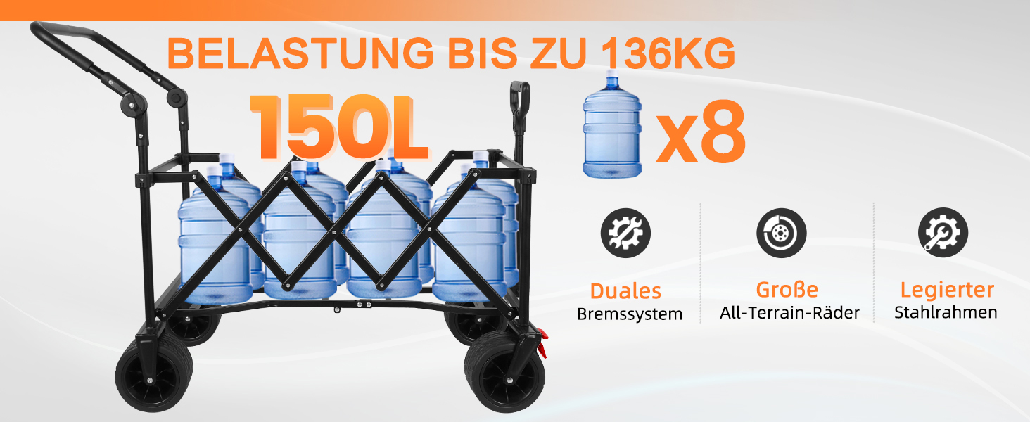 3 в 1 вагончик-тележка складний з гальмами, 150л, 136кг, чорний