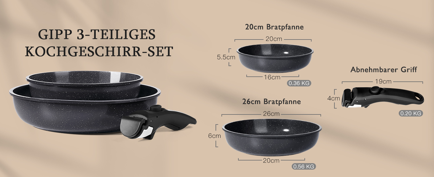 Набір сковорідок GiPP Keramik 3 шт. з знімними ручками, антипригарне покриття, для всіх типів плит, індукція, сумісний з духовкою, PTFE/PFOA/PFOS-free, чорний