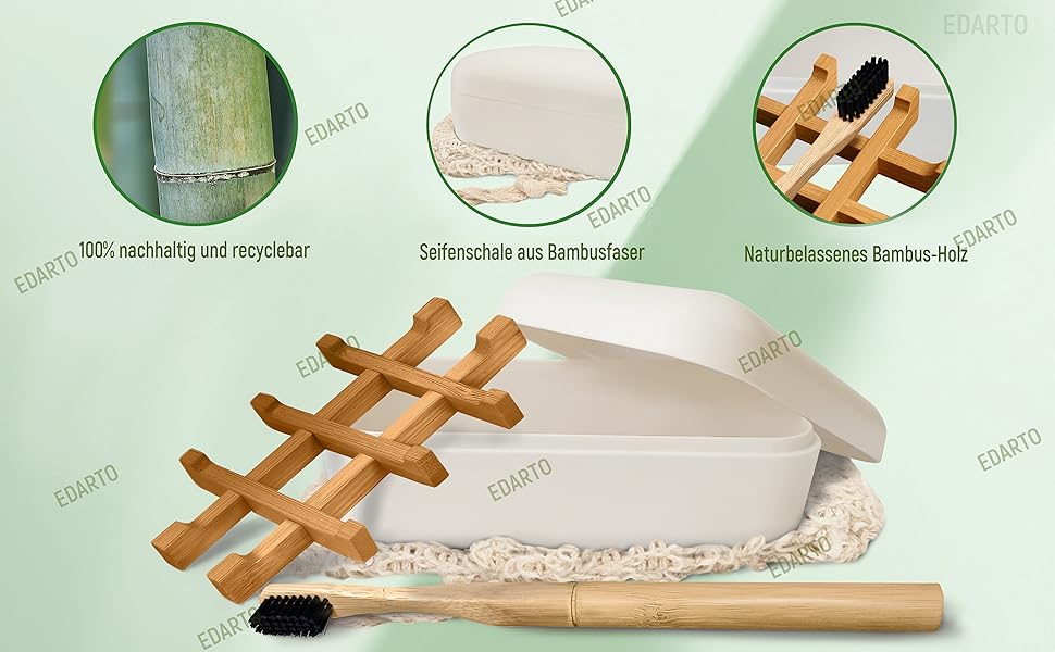 Миска для мила EDARTO® з бамбука з піддоном для стікання та кришкою – екологічна, з бамбука та кукурудзи + мішечок для мила з 100% натурального сизалю для пілінгу тіла