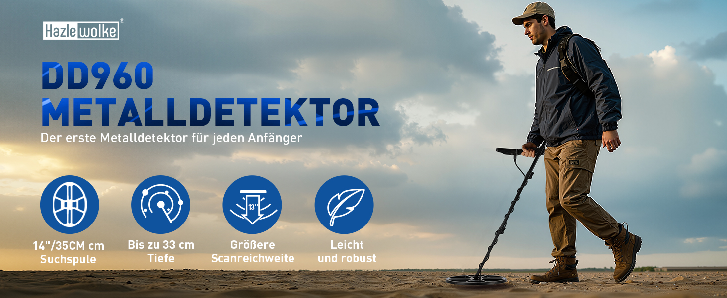 Професійний металошукач Metalldetektor Professional з водонепроникною DD-котушкою 14'' та широким діапазоном сканування, з функцією Pinpoint, глибиною виявлення 33 см, 4 режими, для дорослих, синій