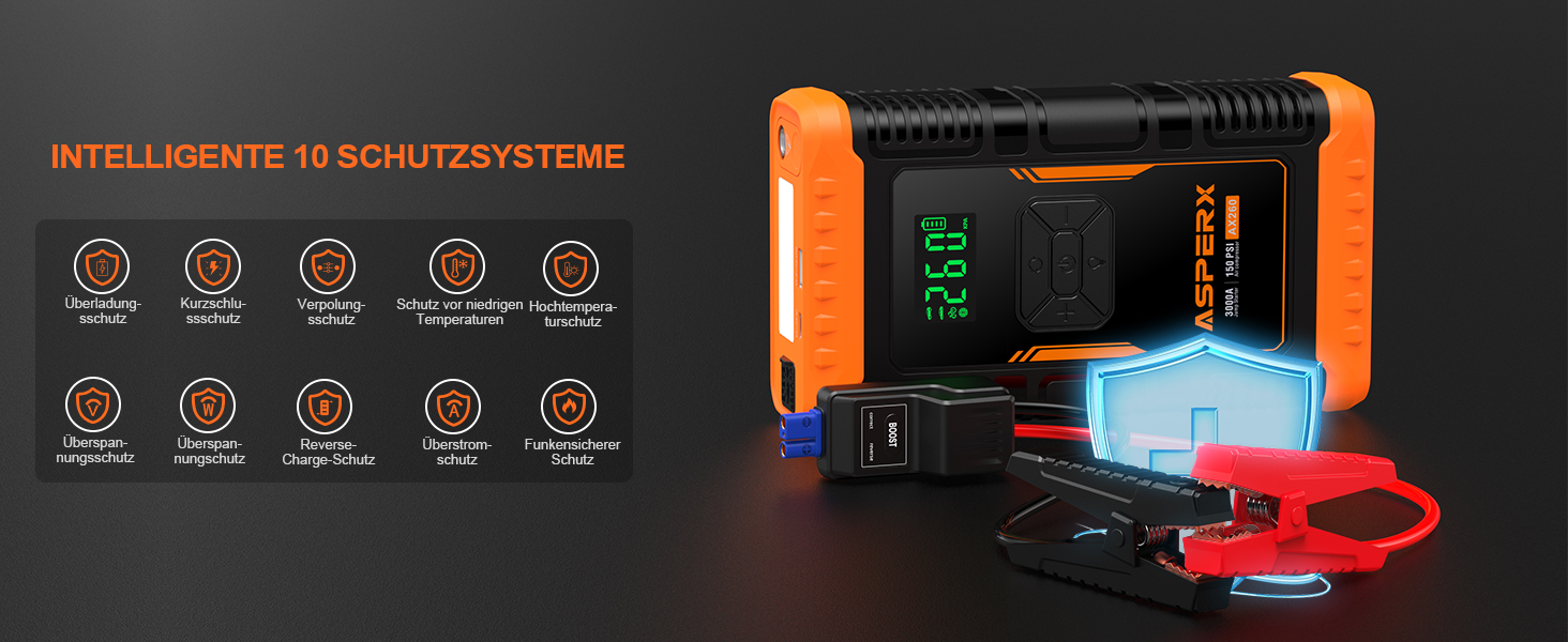 Powerbank з компресором ASPERX Starthilfe: 150PSI, 3000A, LED ліхтарик, для 12V авто, мото, SUV (до 10L бензину або 8L дизеля)