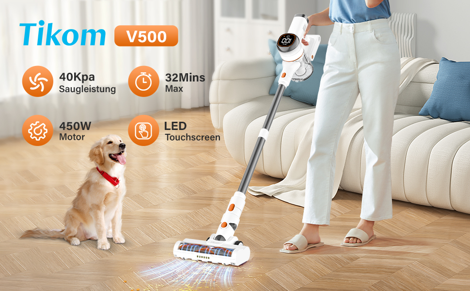 Бездротовий акумуляторний пилосос Tikom V500 450W, 6-в-1, білий. З контейнером 1.3л, для прибирання килимів, шерсті тварин та твердих поверхонь.