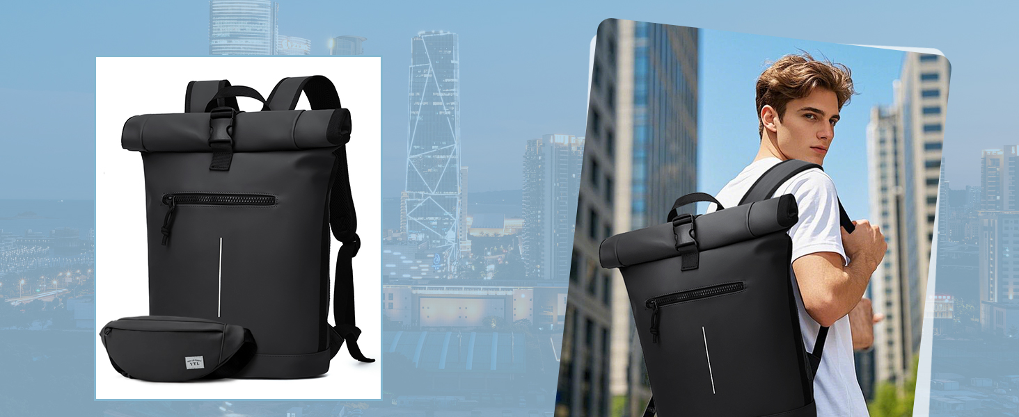 Чорний рюкзак YTL Rolltop з відділенням для ноутбука 17 дюймів. Ідеальний для подорожей, школи, університету, велопоїздок.