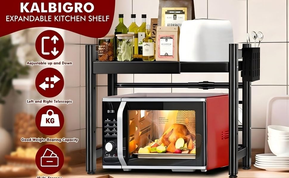 Регульована підставка для мікрохвильової печі, 2-рівнева розширювана полиця для кухні, полиця для робочої поверхні, вуглецева сталь, полиця для мікрохвильової печі з 8 гачками, тримач для кухонного приладдя, чорний