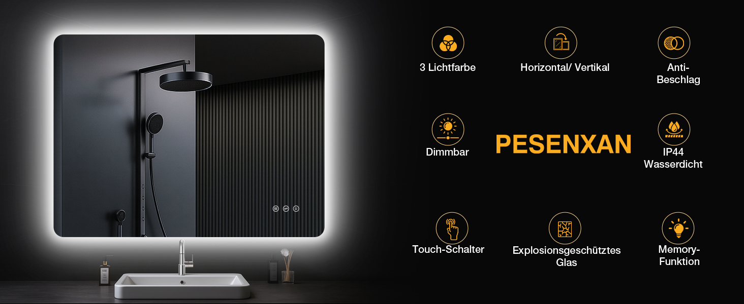 Дзеркало для ванної кімнати з підсвічуванням 50x70 см, LED, антизапарник, 3 кольори світла, регулювання яскравості, прямокутне, сенсорне управління, пам'ять, горизонтальна/вертикальна установка (без рамки, 3 кольори світла, регулювання яскравості, антизапарник)