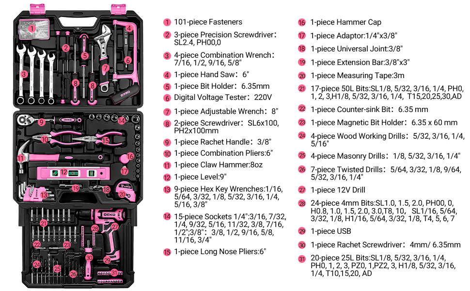 Акумуляторна дриль-шуруповерт DEKO 12V рожева: набір інструментів 238 шт. з акумулятором для дому та ремонту