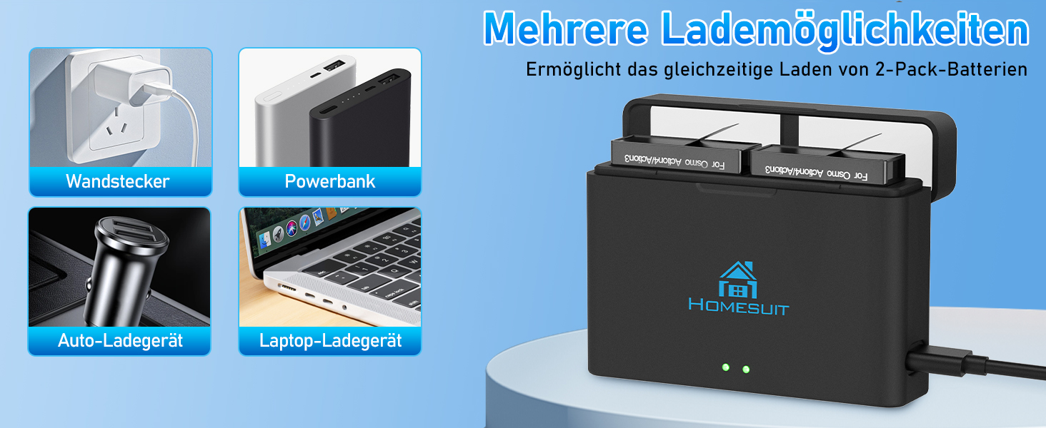 Набір акумуляторів та зарядний пристрій для DJI Osmo Action 4/3: 2x акумулятори 1800mAh + Dual USB LED зарядний пристрій