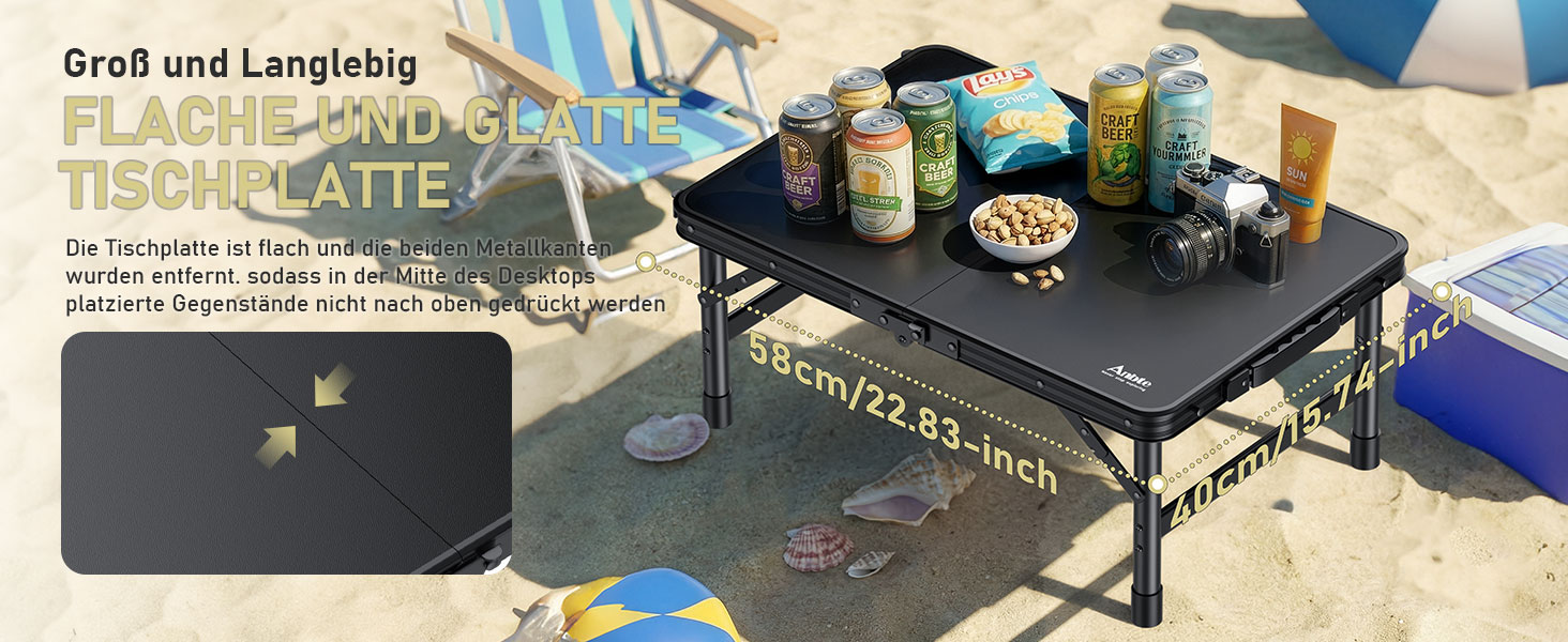 Складний кемпінговий стіл Anbte 58x40 см, алюмінієвий каркас, чорний пластиковий стіл з регульованою висотою (26/48/70 см) для пікніка, саду, балкону з сіткою для зберігання