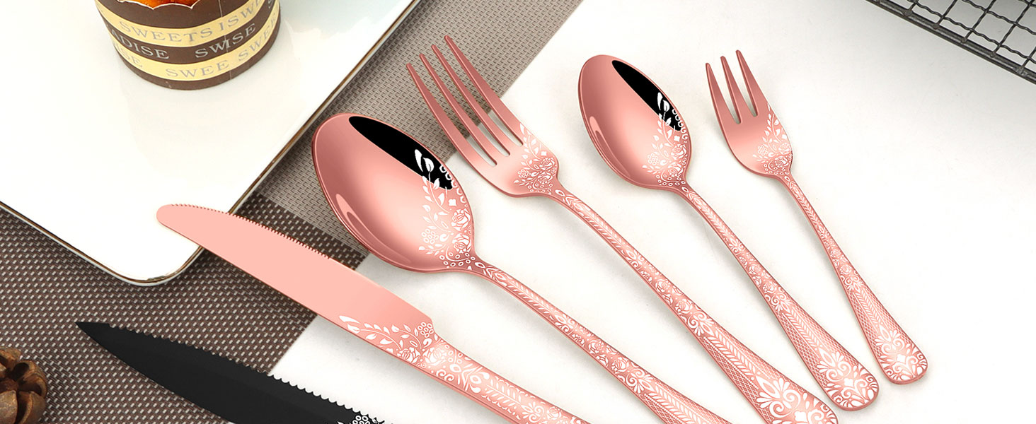 Набір столових приборів на 6 осіб HONKKU з нержавіючої сталі, з ножами для стейку, миючий посуду, 36 предметів, рожеве золото, з квітковим візерунком