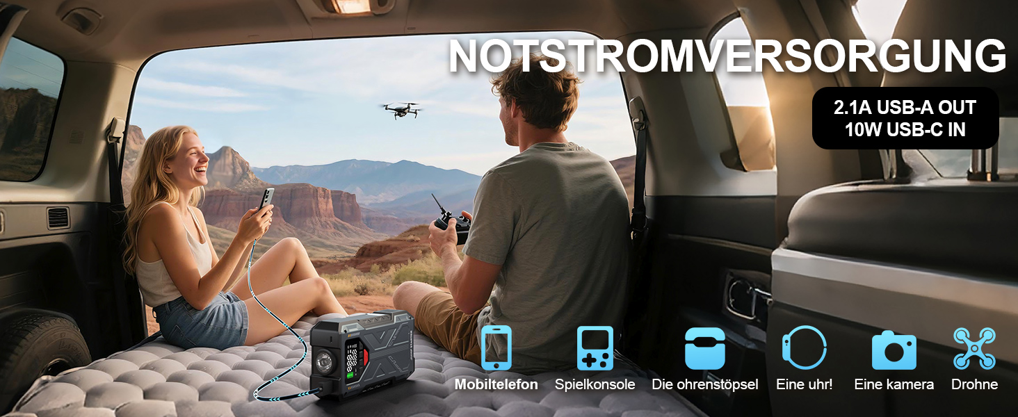 Пусковий пристрій (бустер) для авто Starthilfe 8000A з компресором 150PSI, портативний Powerbank 12V для бензинових та дизельних двигунів до 10л, LED-дисплей, сірий