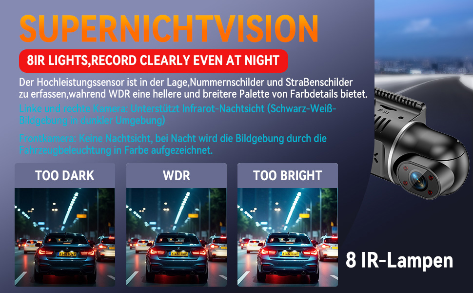 Двоканальна відеореєстратор (Dashcam) 2K+1080P з двома камерами, 64GB, IPS дисплей 3', 4x140° кут огляду, WDR, нічне бачення (8 IR-LED), G-сенсор, циклічна запис, додаток, режим паркування 24/7, чорний