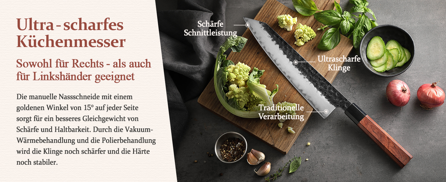 HEZHEN 21.5cm Kiritsuke Chef's Knife - 3-Layer Forged Steel, Japanese Kitchen Knife with Redwood Handle & Wooden Sheath