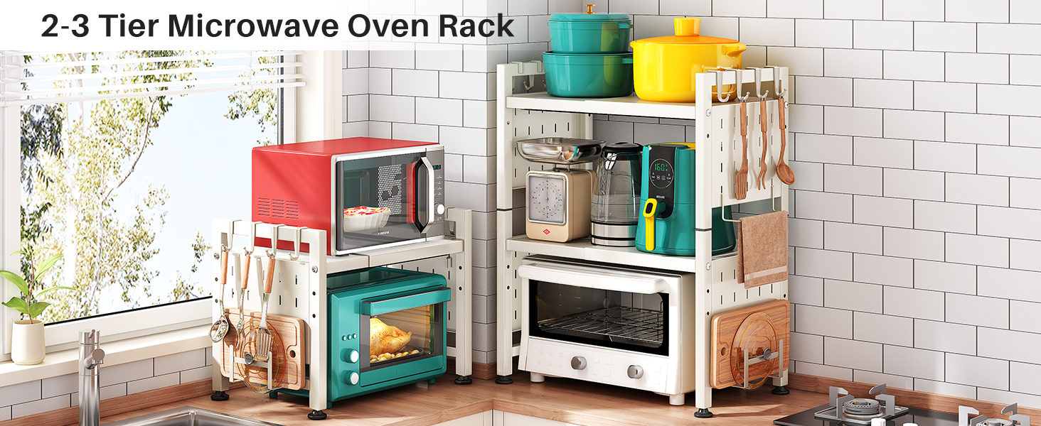 Поличка для мікрохвильової печі SAYZH, 2-рівнева розширювана, з 10 гачками, для кухні, чорна (біла)