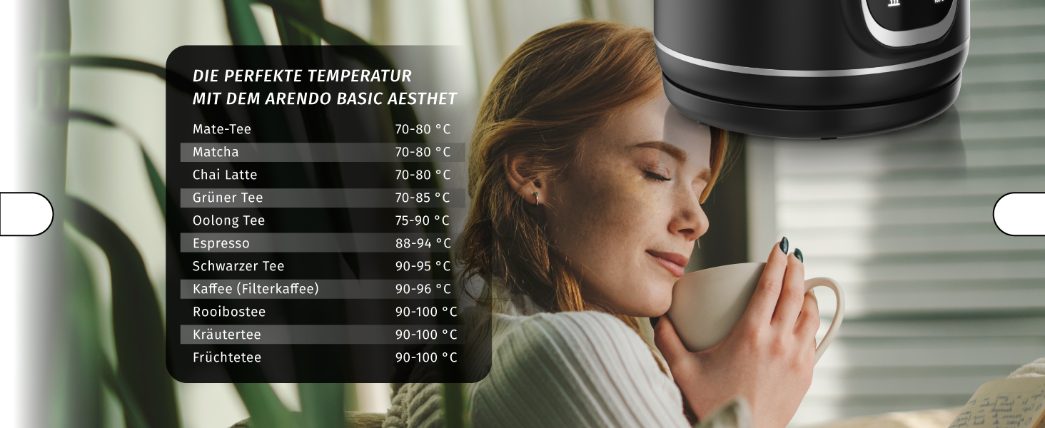 Електричний чайник Arendo зі скляною колбою, регулюванням температури, нержавіючою сталлю, подвійними стінками (Cool Touch), дисплеєм, бездротовим підключенням, 2200 Вт, 1,7 л, захистом від перегріву, функцією підтримання тепла, чорний