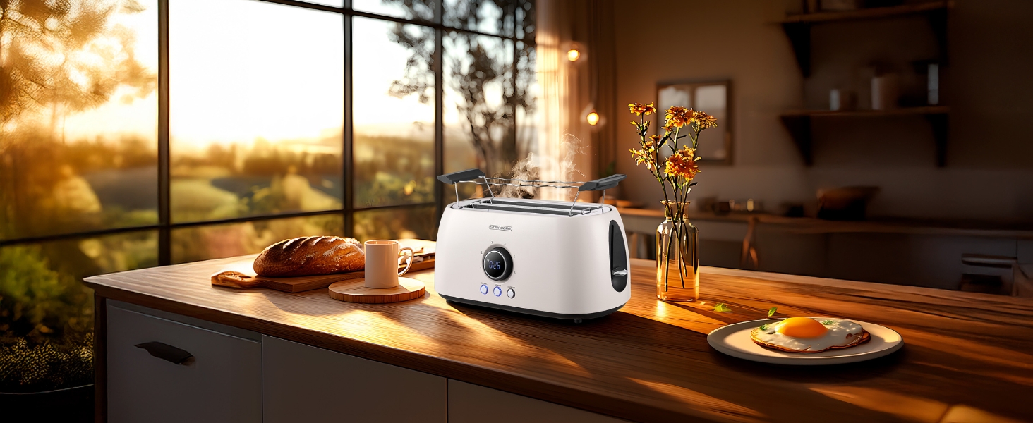 Тостер XXL 4-х секційний з підставою для бургерів | Цифровий дисплей | Автоматичне вимкнення | Тостер з широкими слотами (Бежевий Бульгур)