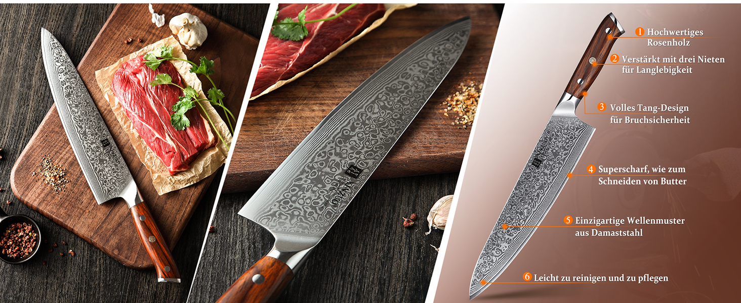 XINZUO 21cm Damascus Chef's Knife - 67 Layer Multipurpose Kitchen Knife for Meat, Fish & Vegetables - Gyuto Professional Hand-Forged Knife with Ergonomic Rosewood Handle