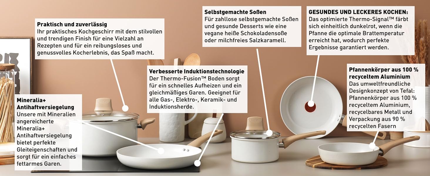 Набір посуду Tefal Mineralia+ Stone White On, 7 предметів, антипригарне покриття, Thermo-Signal, для всіх типів плит, білий, G199S544