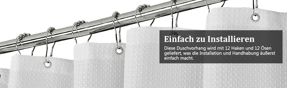 Штора для душу текстильна водонепроникна поліестер 180x200 см, біла з кільцями