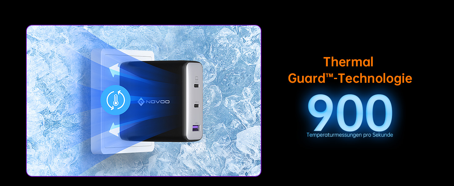 Зарядний пристрій USB-C 67W NOVOO GaN III 3-порти, швидка зарядка для MacBook, iPad, Pixel, Samsung, iPhone, Steam Deck (Чорний)