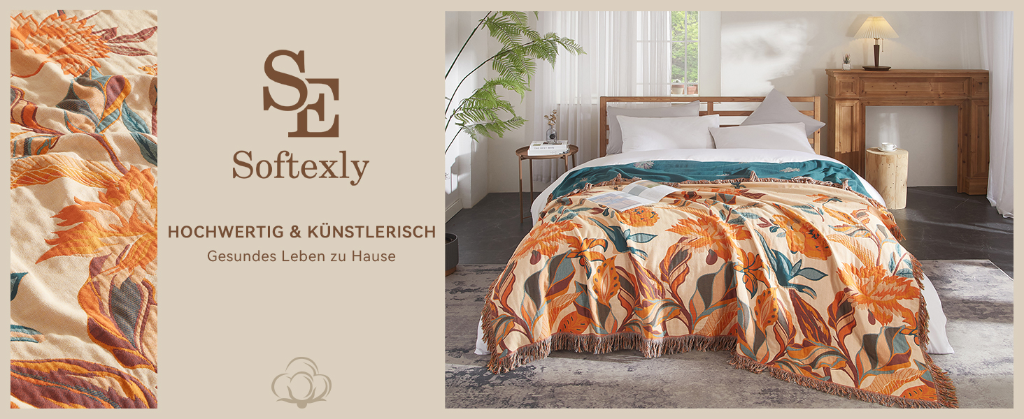 Богемна ковдра Softexly Boho Decke 100% бавовна – двостороння муслінова ковдра 150x200 см, м'яка софа та покривало для ліжка, естетичний дизайн, ідеально підходить для вітальні та спальні, помаранчевий/зелений, Blütentraum