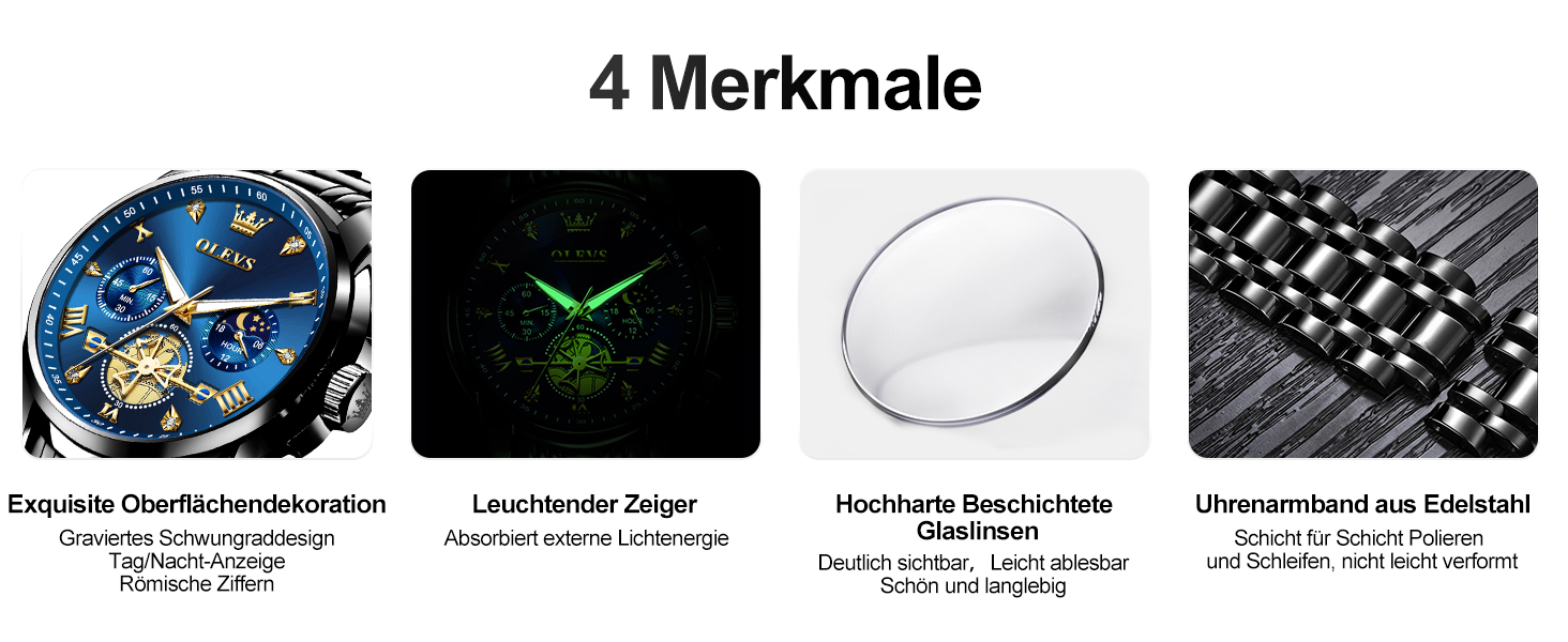 Годинник чоловічий OLEVS з металевим браслетом, кварцовий, з місячною фазою, хронограф, водостійкий, з нержавіючої сталі (2856 Blue / Black)