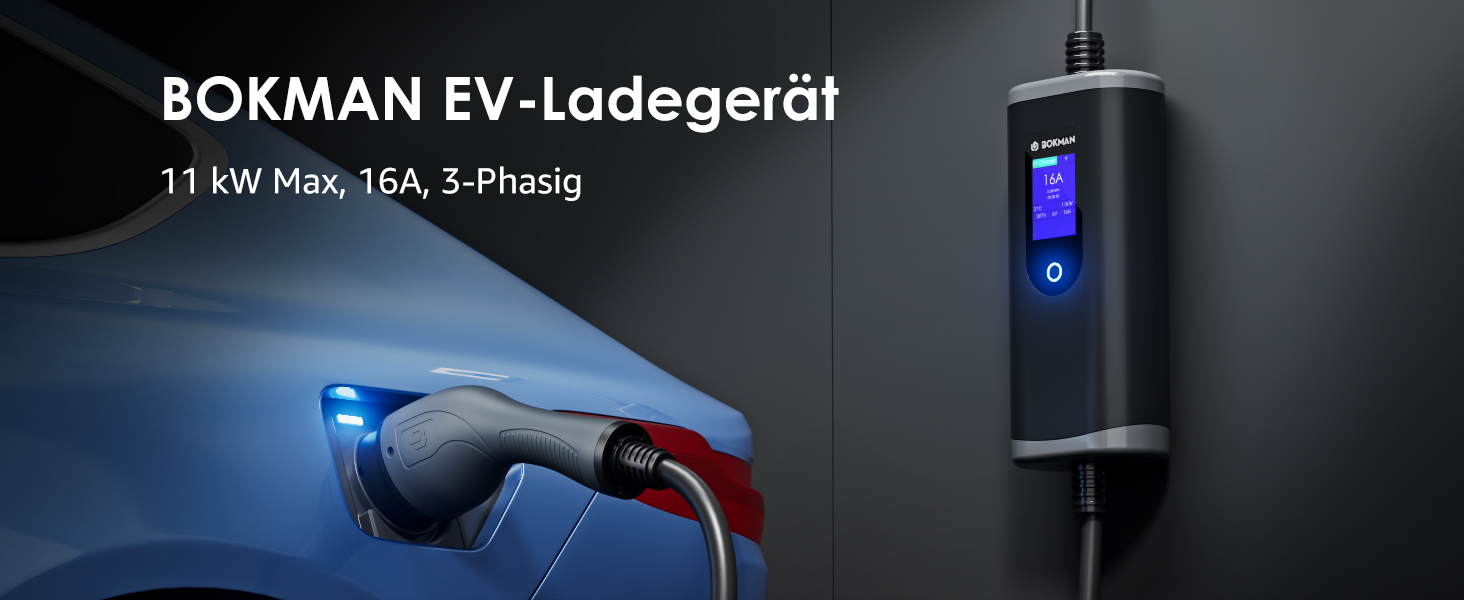 Кабель для зарядки електромобілів Bokman Typ 2 з CEE роз'ємом, 5 метрів, 6-16A, 11kW, 3-фазний, IP65 вологостійкий, портативний зарядний пристрій для електромобілів, мобільна зарядка, станція зарядки, IEC 62196-2, з сумкою та мікрофіброю