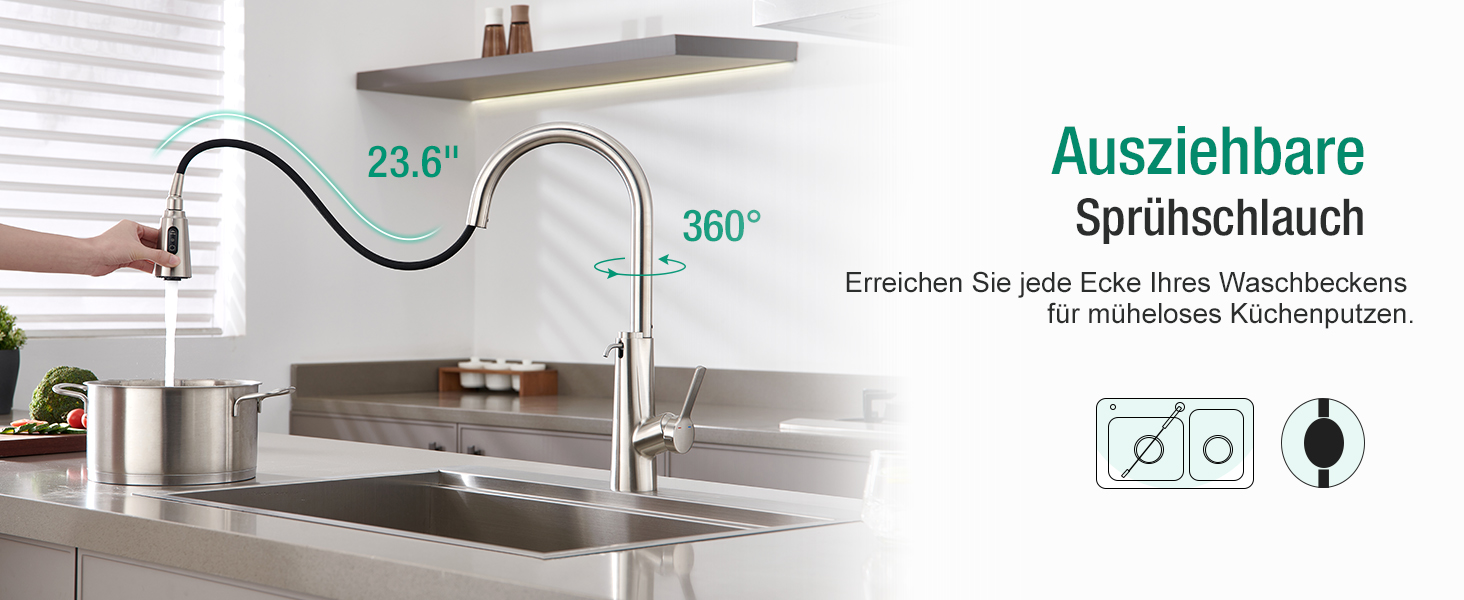 Кран кухонний CREA Wasserfall висувний з дозатором мила, нержавіюча сталь, 360° обертання, 4 режими, з душем
