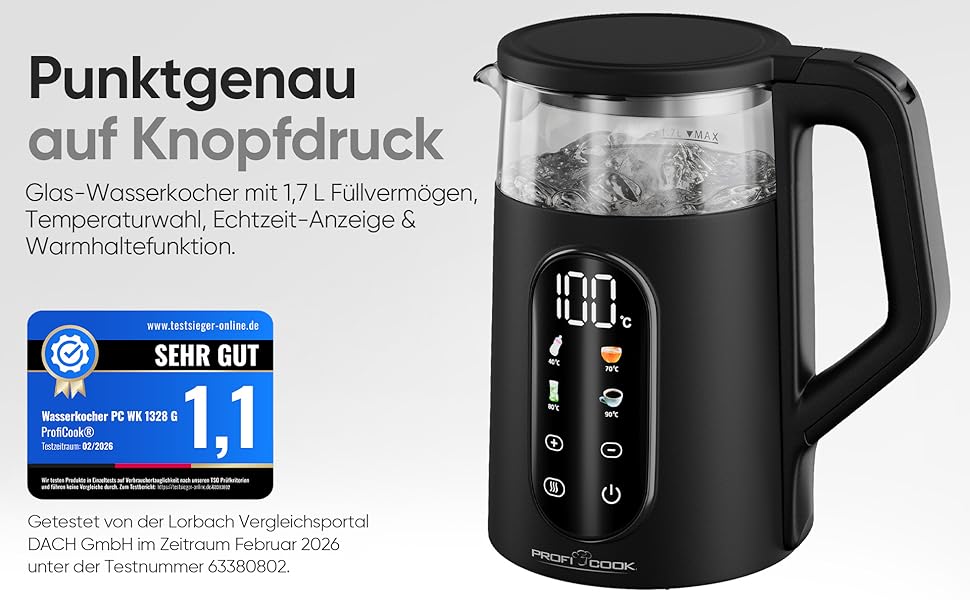 Скляний електрочайник ProfiCook PC WK 1328 G з регулюванням температури 40-100°C, 1.7л, 2200Вт, функція підігріву та швидкого старту