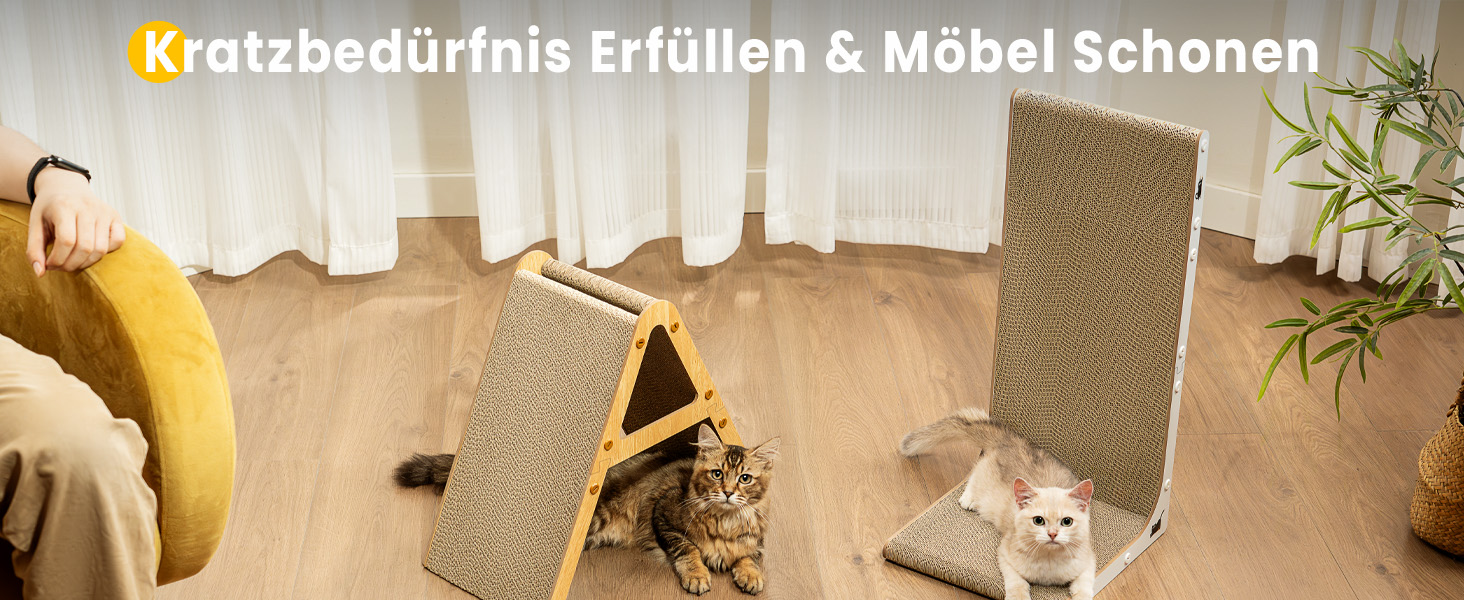 Кігтеточка для котів з коробкою та 4 змінними шарами з картону - великі кігтешні меблі з міцного гофрокартону, двосторонні шари з картону з наклейками DIY - лежанка для котів у квартирі, захист меблів. Велика коробка для котів + 4 кігтешні стовпчики + наклейки (великий, L-подібний)