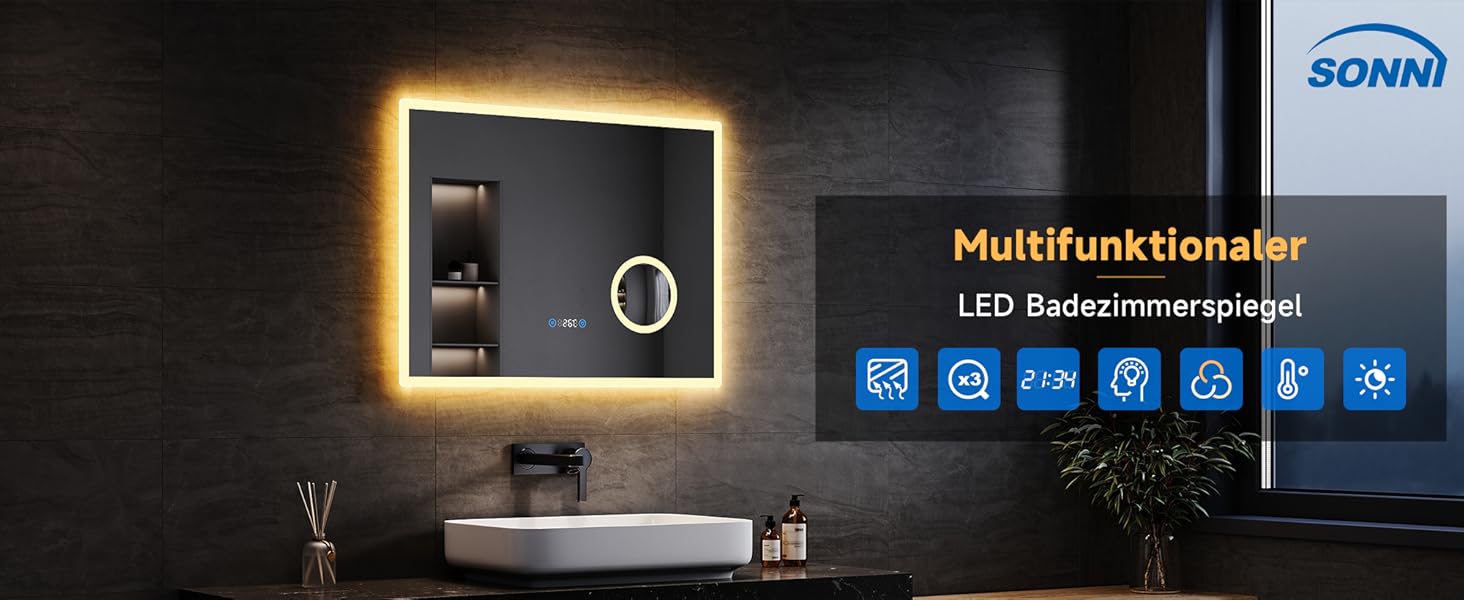 Дзеркало для ванної кімнати SONNI з підсвічуванням 80x60 см, 3 кольори світла, проти запотівання, LED, сенсорна кнопка, годинник, температура, 3-кратне збільшення