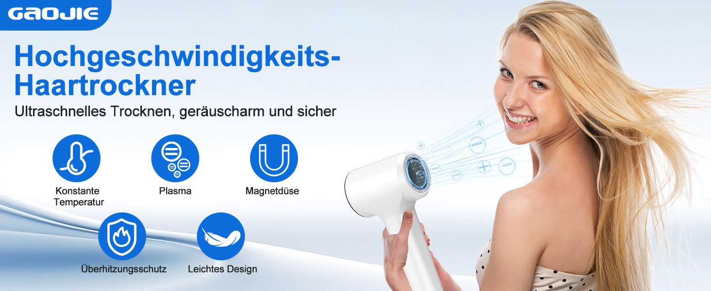 Фен для волосся з плазмою та безщітковим мотором 110 000 об/хв - швидке сушіння, тиха робота, з магнітною насадкою, для дому та подорожей (темно-сірий)