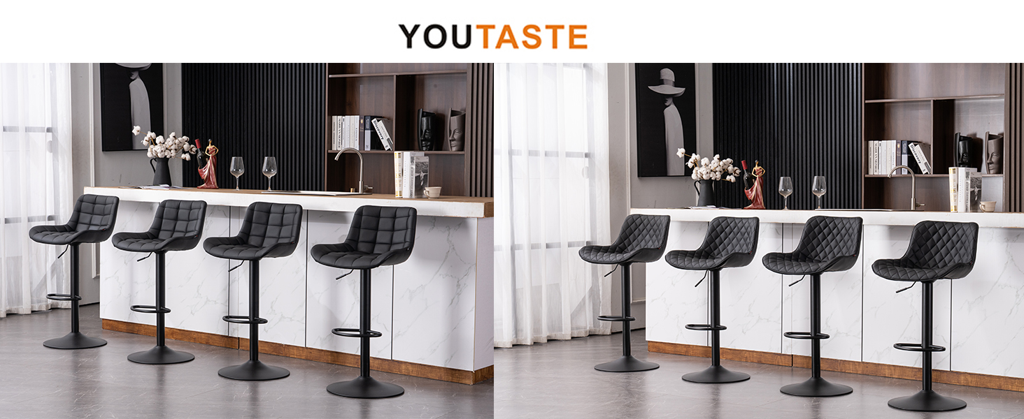 YOUTASTE Adjustable Bar Stools - Modern Design, Padded, Swivel, Faux Leather, Black - Set of 2