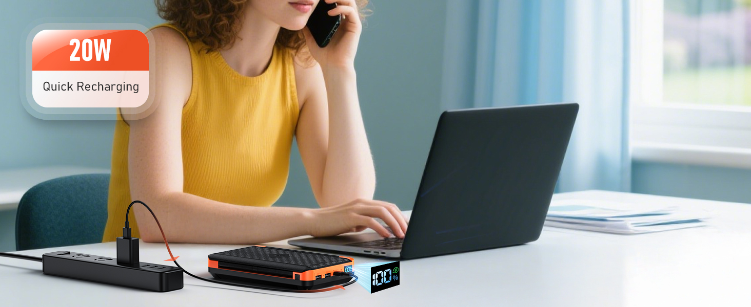 Портативний зарядний пристрій 63200mAh з сонячною панеллю: Power Bank з 3 сонячними панелями, 22.5W USB-C, швидка зарядка, SOS ліхтарик, цифровий дисплей, для кемпінгу, чорно-оранжевий