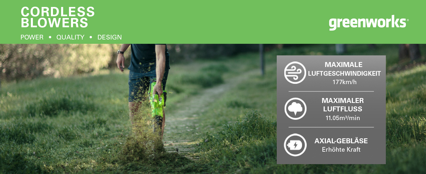 Акумуляторний повітродув Greenworks G40ABK2 з круїз-контролем, швидкість 177 км/год, потік 11,05 м³/хв, 40В 2Аг батарея та зарядний пристрій, гарантія 3 роки
