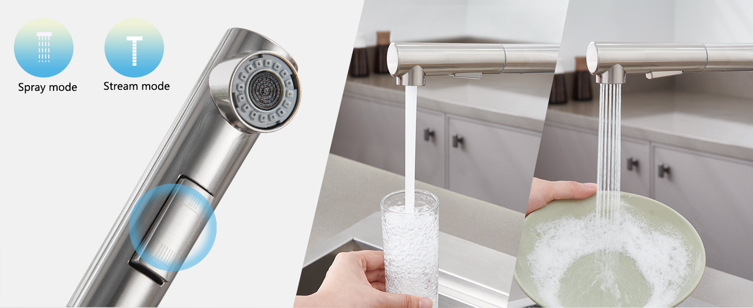Змішувач кухонний з висувною лійкою, високого тиску, з двома режимами струменя, поворотний на 360°, L-подібний, з нержавіючої сталі (шліфований)