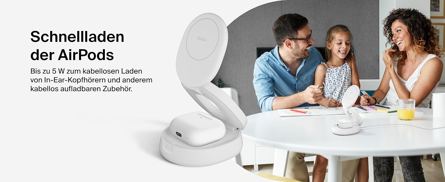 Бездротова зарядна станція 2-в-1 Belkin BoostCharge Qi2 15W MagSafe для iPhone 17, AirPods, Pixel, біла (з адаптером 30 Вт)