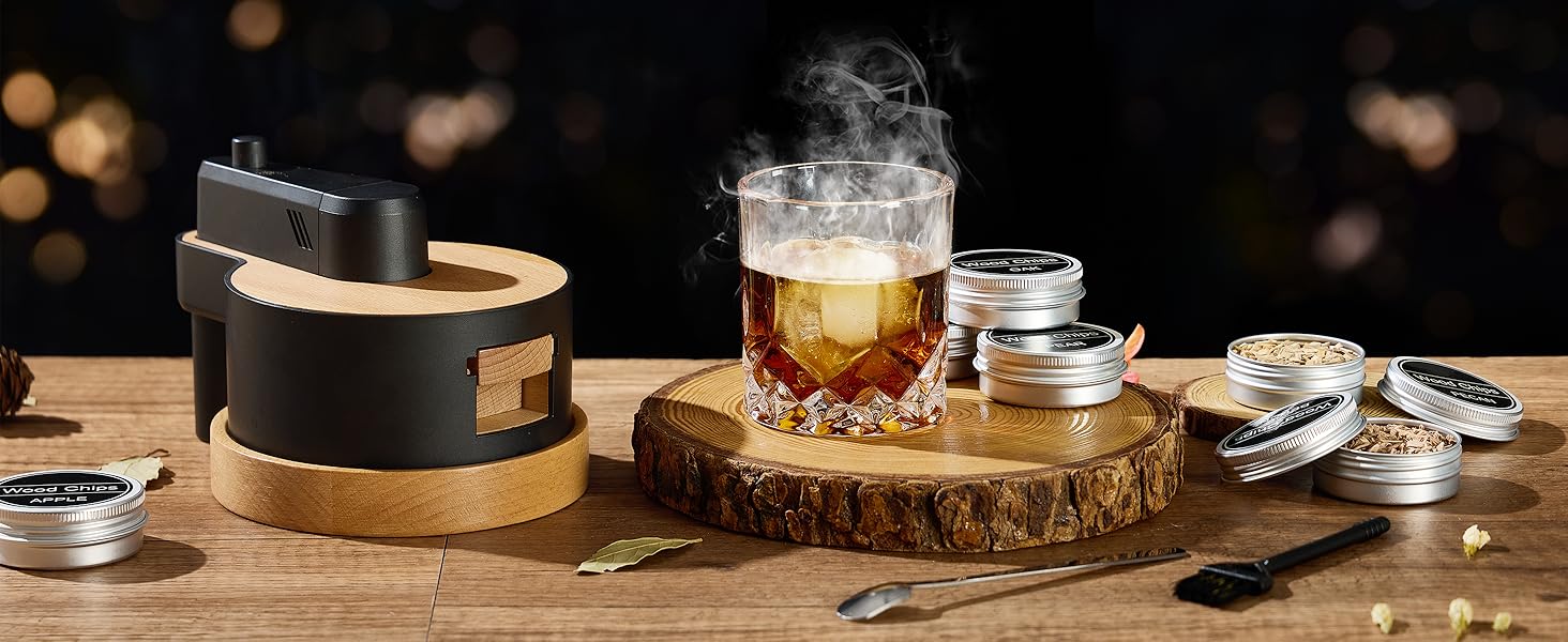 Набір для копчення віскі: 6 видів тирси, дубовий smoker з основою, 2 металеві фільтри, комплект для віскі та Old Fashioned, подарунок для чоловіків (без бутану)