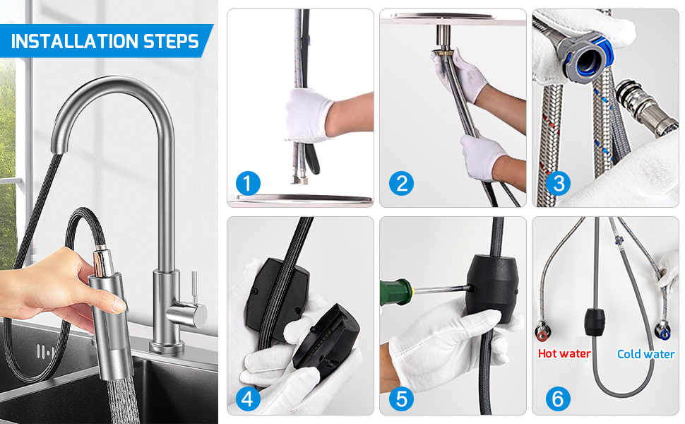 Змішувач кухонний поворотний 360° з висувною лійкою, нержавіюча сталь, гаряча/холодна вода, 2 режими струменя, G3/8'', кухонний