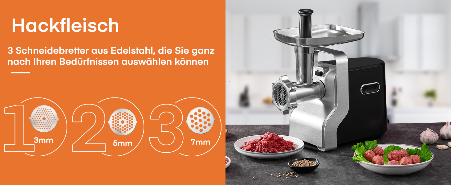 Electric Meat Grinder 5-in-1 - 700W Power, 2800W Max Blocking Capacity, Stainless Steel Grinding Plates (3, 5, 7mm), Sausage Maker, Kubbe Attachment, Black