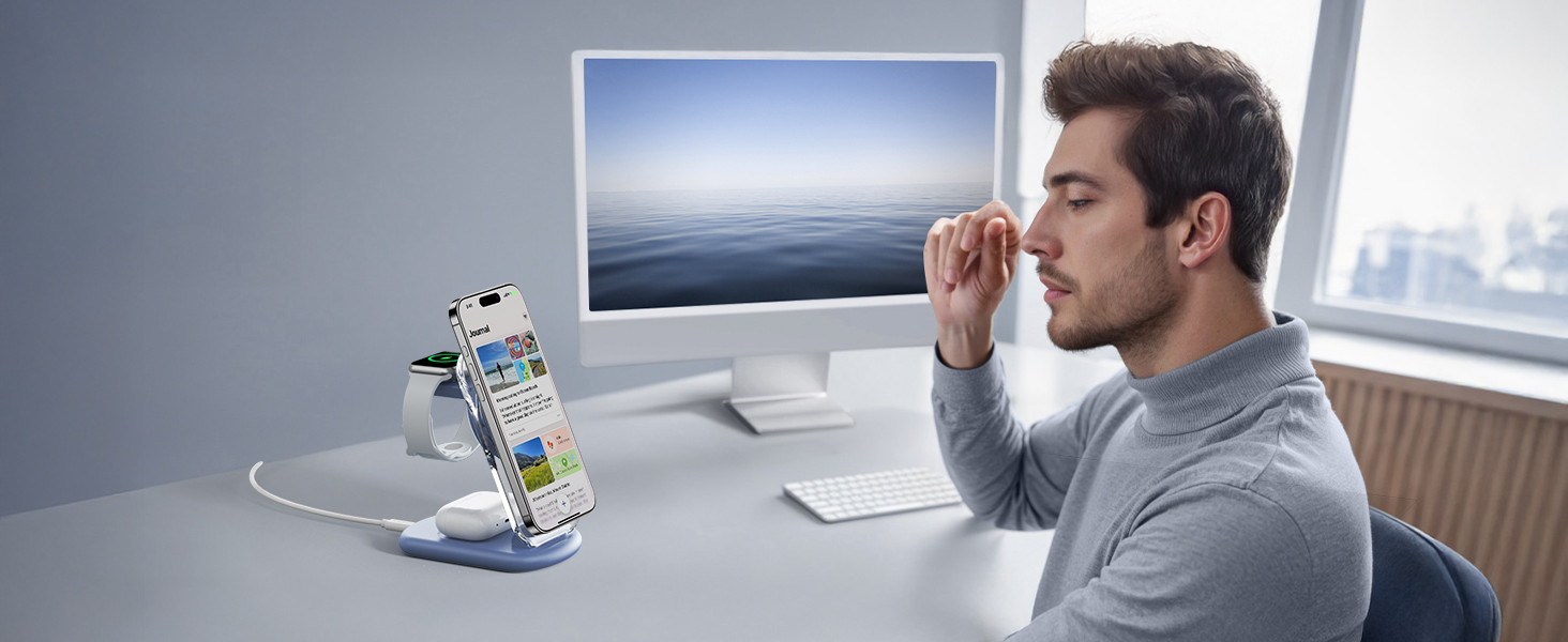 Підставка для зарядки MagSafe 3-в-1 для iPhone 17/16/15/14/13/12 Pro Max/Air/Plus/Pro та Apple Watch 10/9, AirPods 3/2/Pro (блакитна)